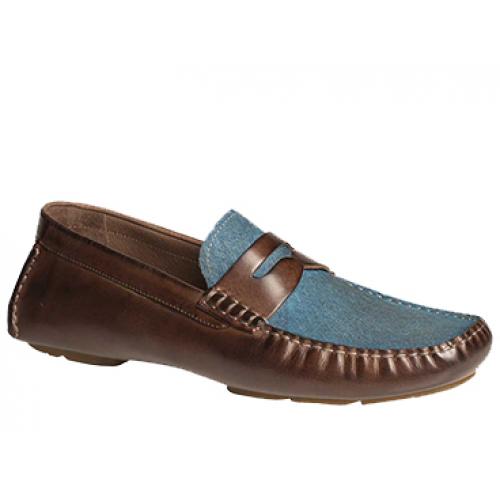 Bacco Bucci "Albatros" Tan / Blue Calfskin Loafer Shoes 7779